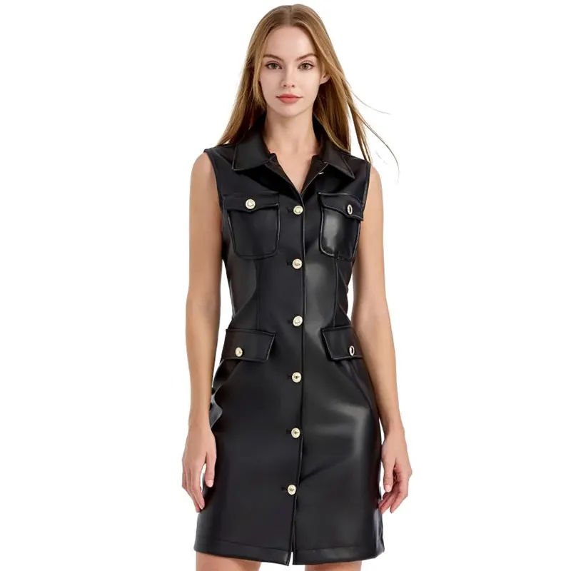 Abito midi in pelle PU con bottoni