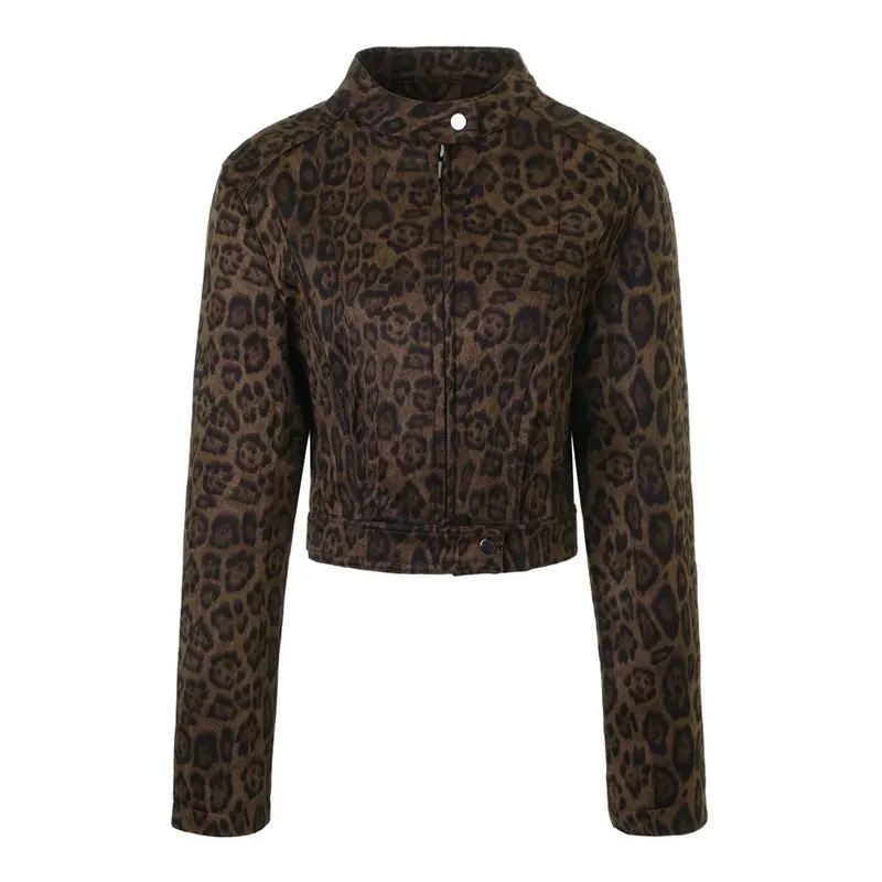 Giacca corta in pelle scamosciata con stampa leopardata girocollo