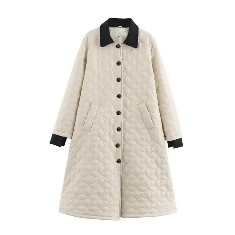 Plaid Contrast Collar Buttoned Long Quilted Coat